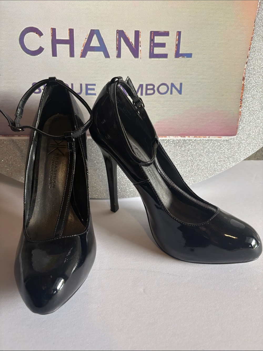 Kardashian Kollection Black Patent T-Strap Stiletto Heels